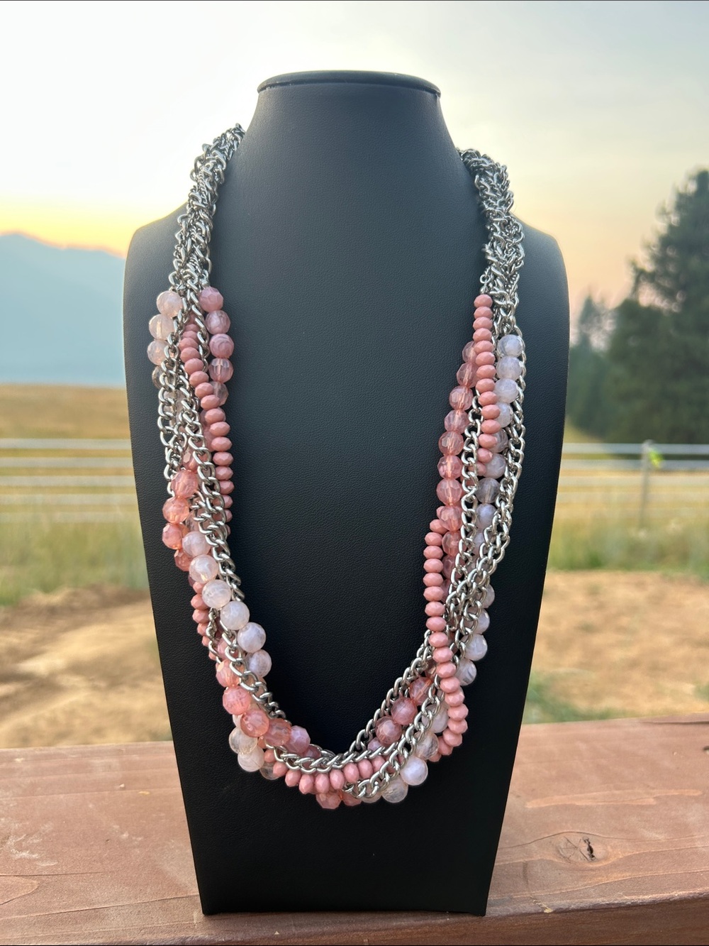 NY Collection Pink Multi-Strand Beaded and Chain Necklace
